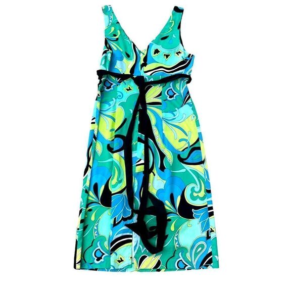 KAREN KANE BLUE GREEN DRESS RETRO 70’s LOOK ZIP UP RIBBON WAIST FULLY LINED SZ 8 - Picture 1 of 5
